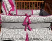 Custom Grey Damask with Accent YOUR CHOICE 4-Piece Complete Boutique Crib Nursery Bedding Set