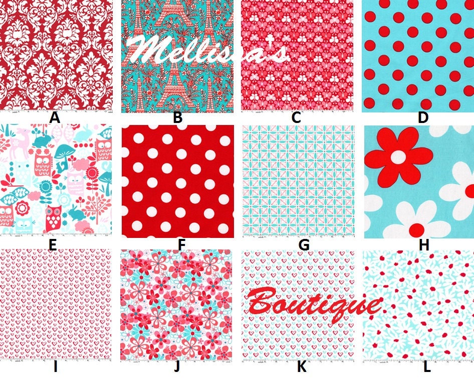 Custom Aqua & Red Michael Miller with Owls or Damask/Dots Crib Bedding Boutique YOUR CHOICE To Customize