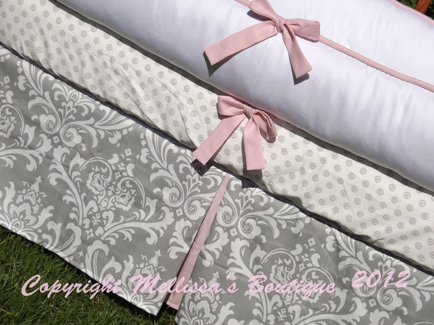 Custom White Pique&Grey Damask with Accent YOUR CHOICE 3-Piece Boutique Crib Bedding Set