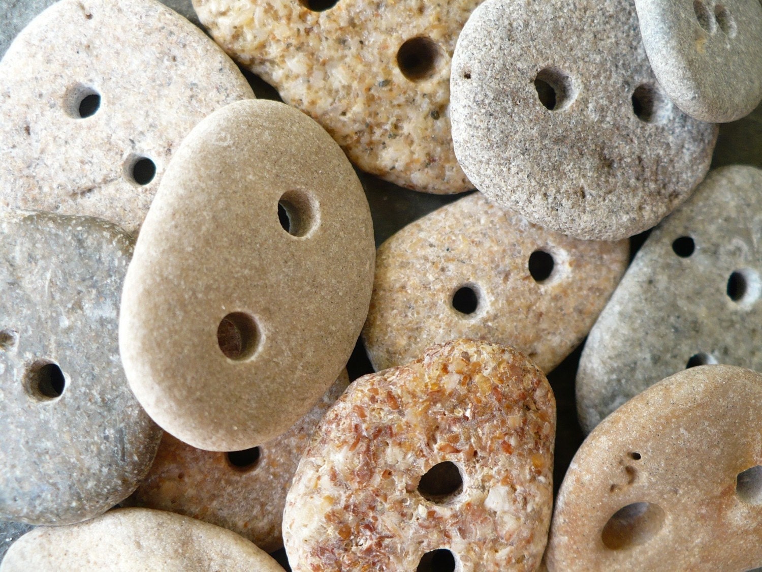 5 BEACH STONE BUTTONS...5 sweet hand drilled beach stones