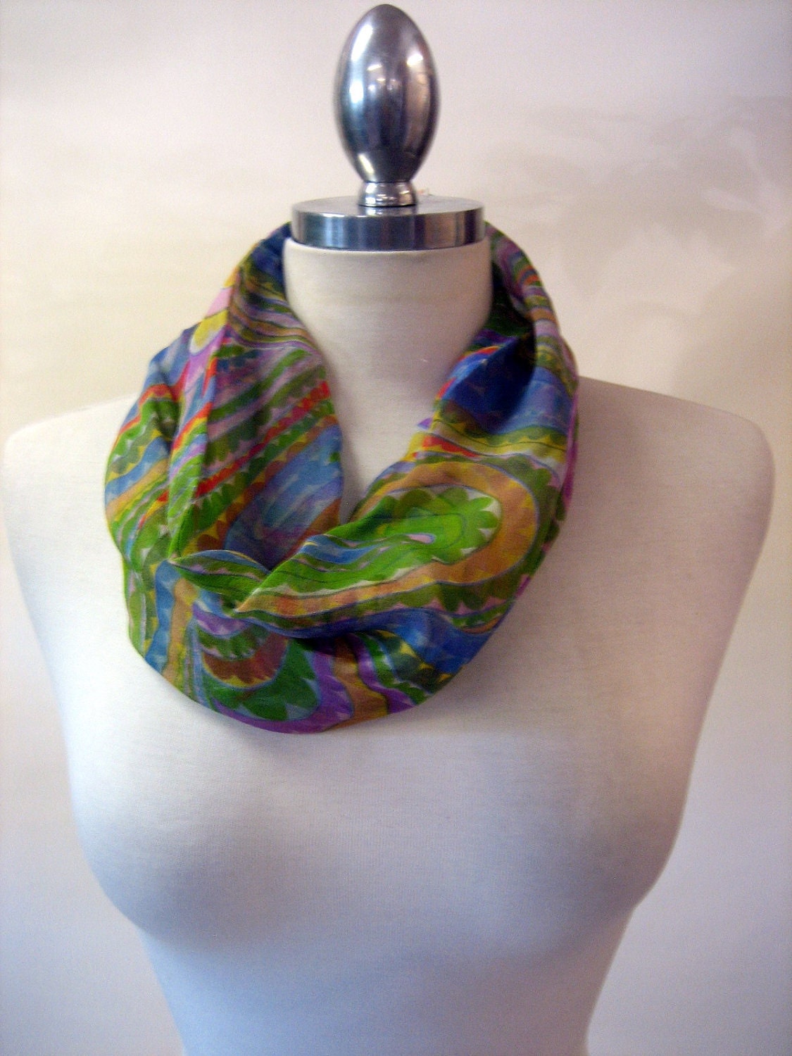 Vintage 1960s Paisley Silk Chiffon Cowl Scarf - FREE Shipping
