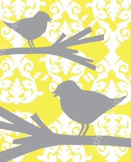 Birds on Branches Gray and Yellow 8x10 Art Print