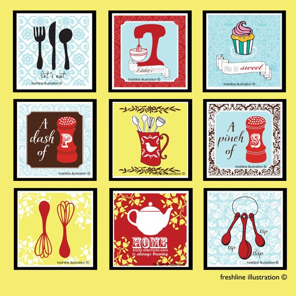 As seen on NBC's Save Me Set - Kitchen Art Prints - Nine 5"x5" Prints in Any Custom Color Scheme - Wall Collage