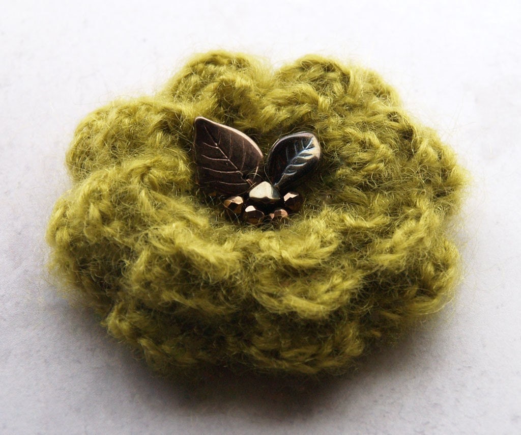 Crochet flower brooch in avocado green and earth tones - fall flower