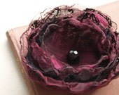 Large flower brooch Carrie Bradshaw style - fuschia organza and black lace