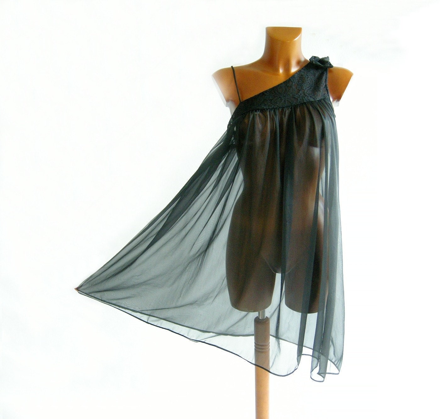 Vintage 60s Black Chiffon Babydoll Nightgown S M  Negligee See Thru Asymmetrical - empressjade
