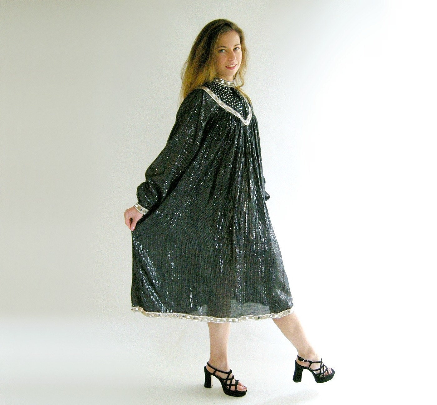 Vintage 60s 70s Hippie Dress Black India Cotton Gauze Ethnic Metallic Stripes Sheer S M