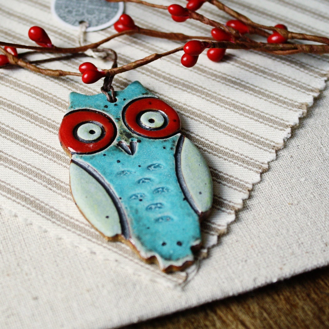 Handmade Christmas ornament- Owl- aqua and red- LAST ONE