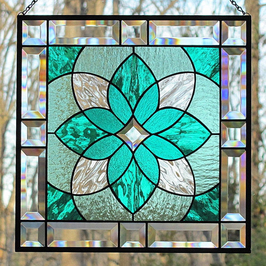 Teal Sea Green Stained Glass Beveled Hanging Panel