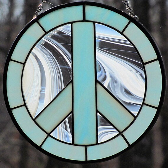 Stained Glass Peace Sign Sky Blue with Swirly by LivingGlassArt