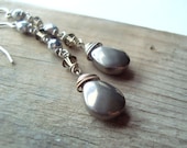 Pewter Gray Earrings Czech Glass Sterling Silver Wire Wrapped Holiday Jewelry - Silver Mist
