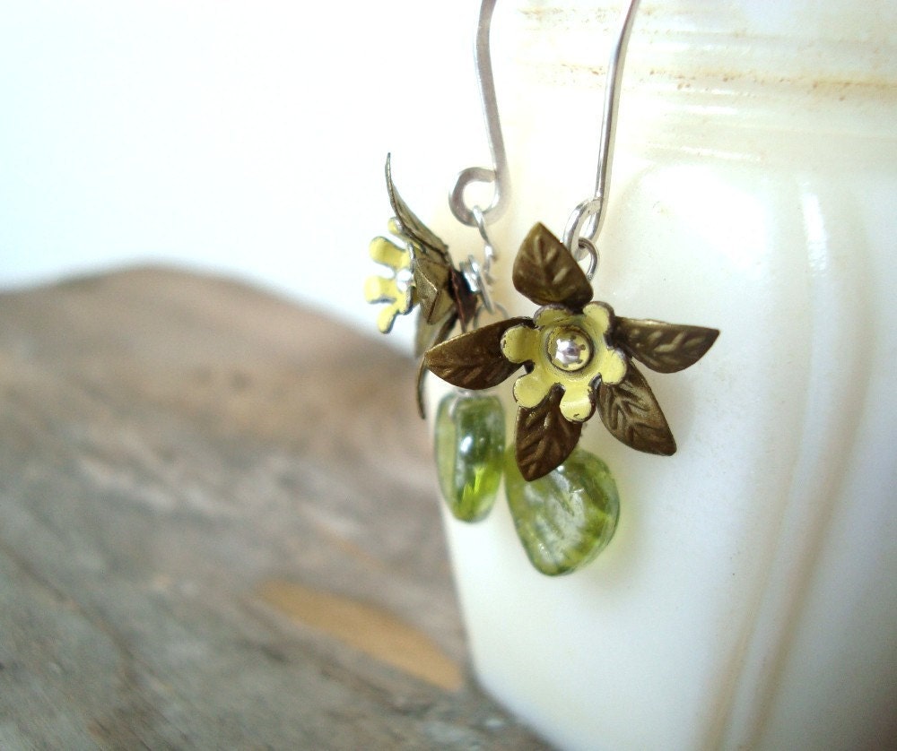 Flower Jewelry, Woodland Blooms Earrings, Brass Flower, Sterling Silver, Lime Glass Leaf, Spring Fashion