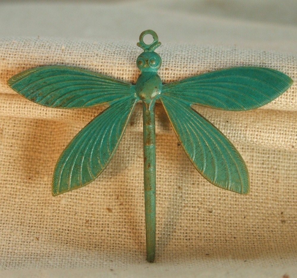 Brass Dragonfly Charm Verdigris Teal Patina - Large