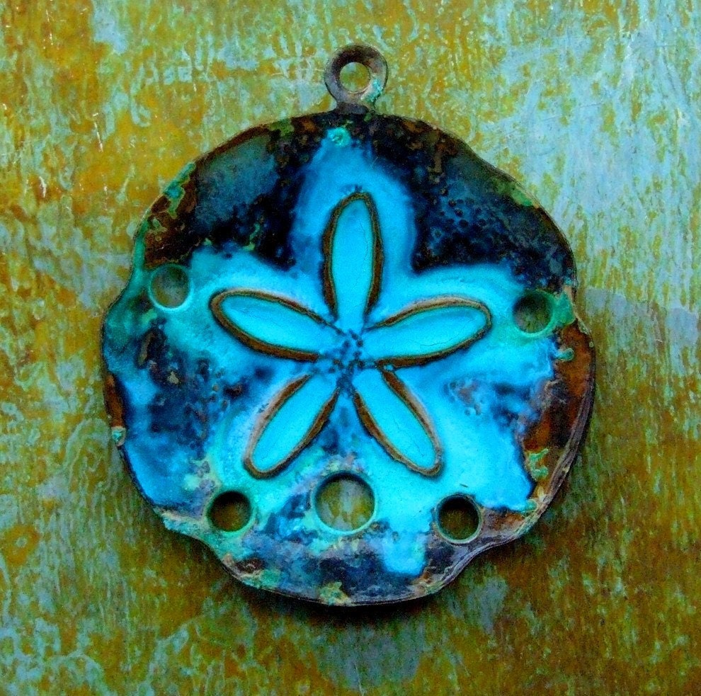 Aged Brass Teal Sand Dollar Charm - Large