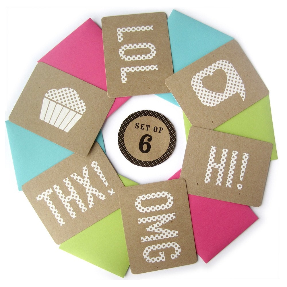 Modern Card Set of 6:  Screen Printed Polka Dots on Chipboard