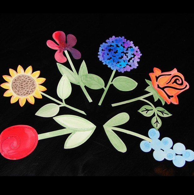 Hand watercolor painted embellishment pieces - Garden flowers
