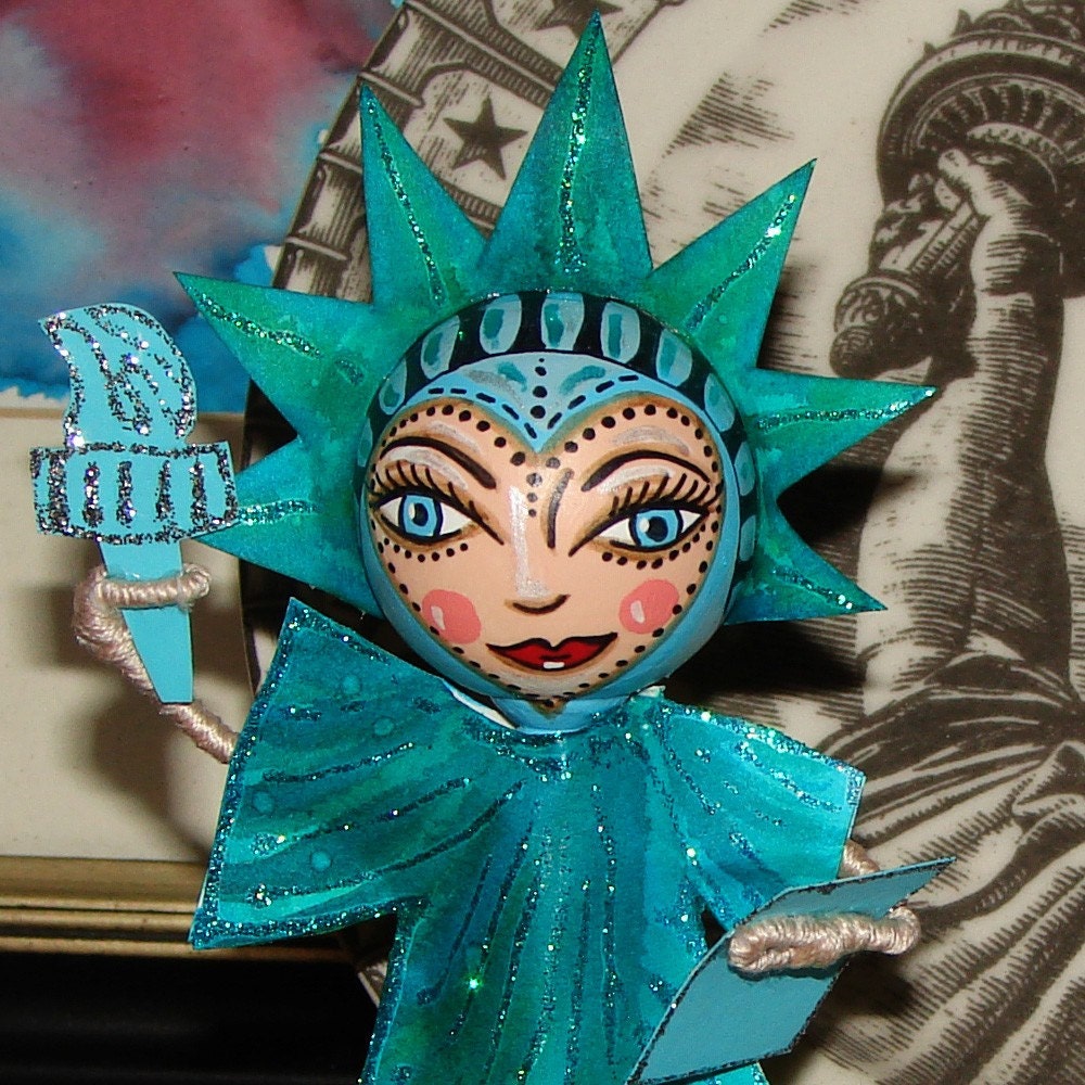 OOAK Lady Liberty- Hand painted Doll - wood peg doll - collector piece