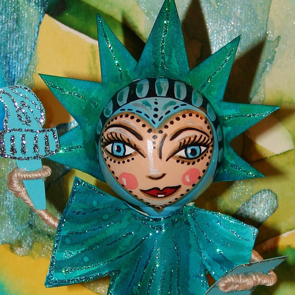 OOAK Lady Liberty- Hand painted Doll - wood peg doll - collector piece