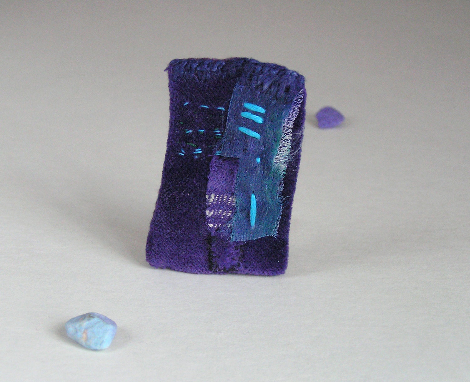 fiber art brooch-textile pin- textile brooch in blue lilac turquoise - Birribe