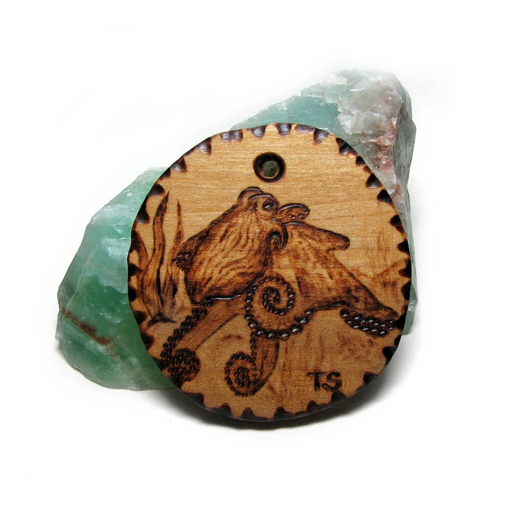 Pyrography Original Art Octopus pendant by Tanja Sova