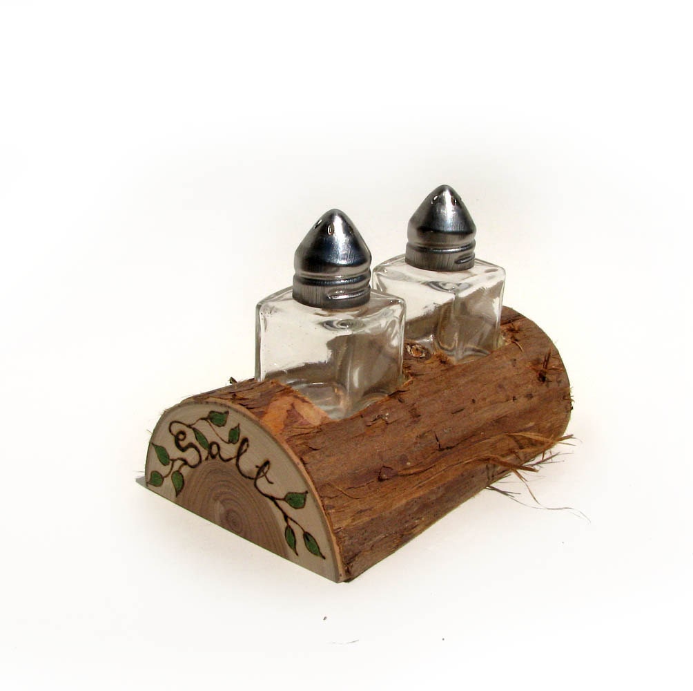 Rustic Natural Cedar Wood Salt and Pepper Shaker Holder by Tanja Sova