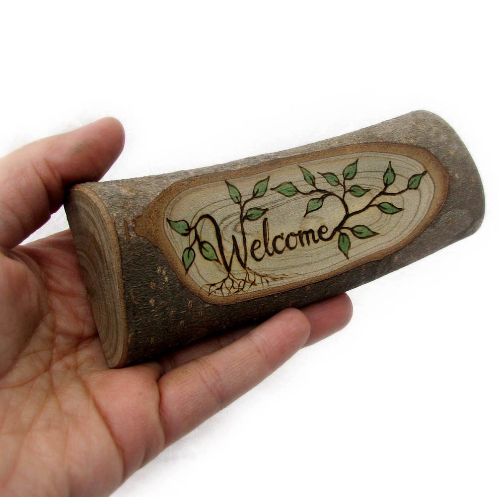 Rustic Organic Natural Magnolia Branch Welcome Small Wooden Sign by Tanja Sova