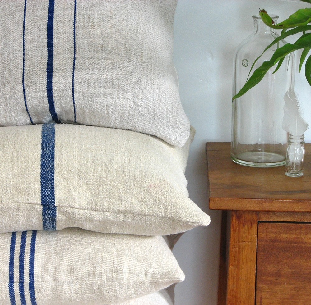 Grain Sack Pillow Triple Blue Stripes