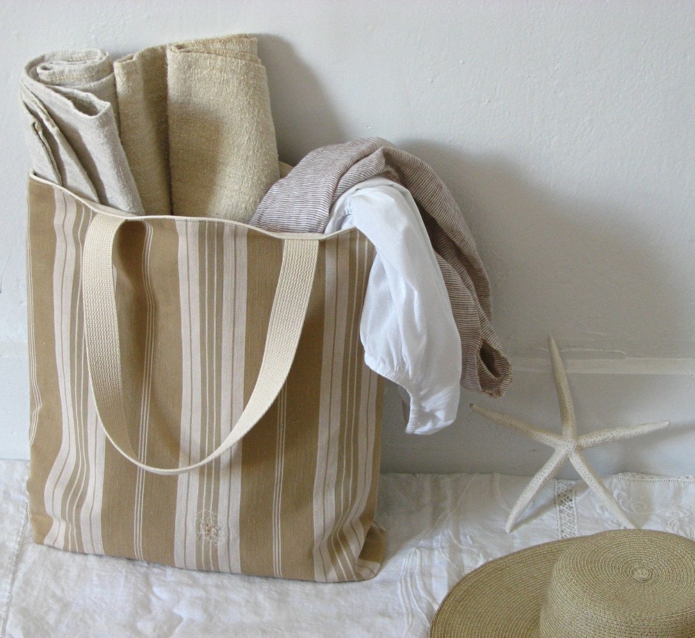 Khaki Vintage French Stripe Market Tote