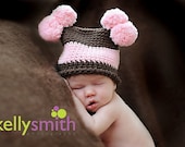 Newborn Cotton Pom Pom Hat - Dark Taupe, Country Pink