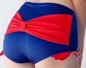 SALE  Shirley Bow Back with Ruffles Retro High Waisted Swim Bottom in Navy/Red (XS-XL)