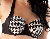 SALE  Fiona Black and White Houndstooth Underwire Halter Retro Swim Bra (XS-XL, 2X)