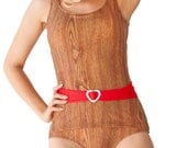 Dipper Sheathed Onepiece Belted Swimsuit in Wood Print with White Heart Slider (S and XL)