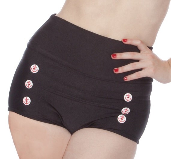 Skipper Super High Waisted Black Sailor Nautical Bikini Bottom (XS-2X)