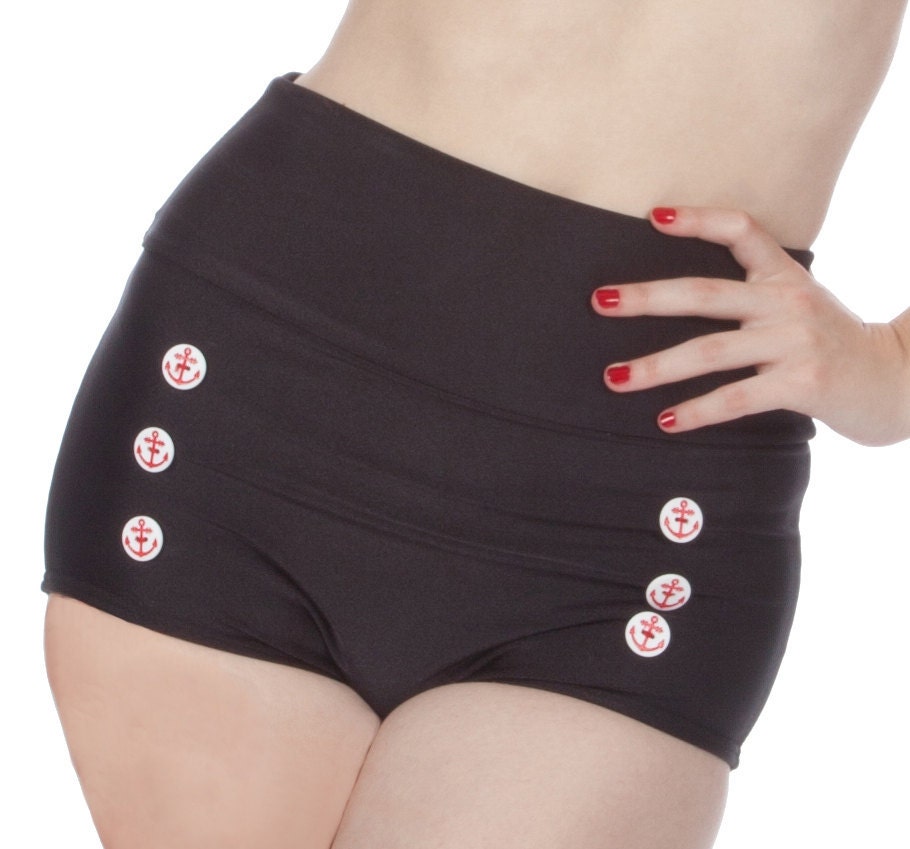 Skipper Super High Waisted Black Sailor Nautical Bikini Bottom (XS-2X)