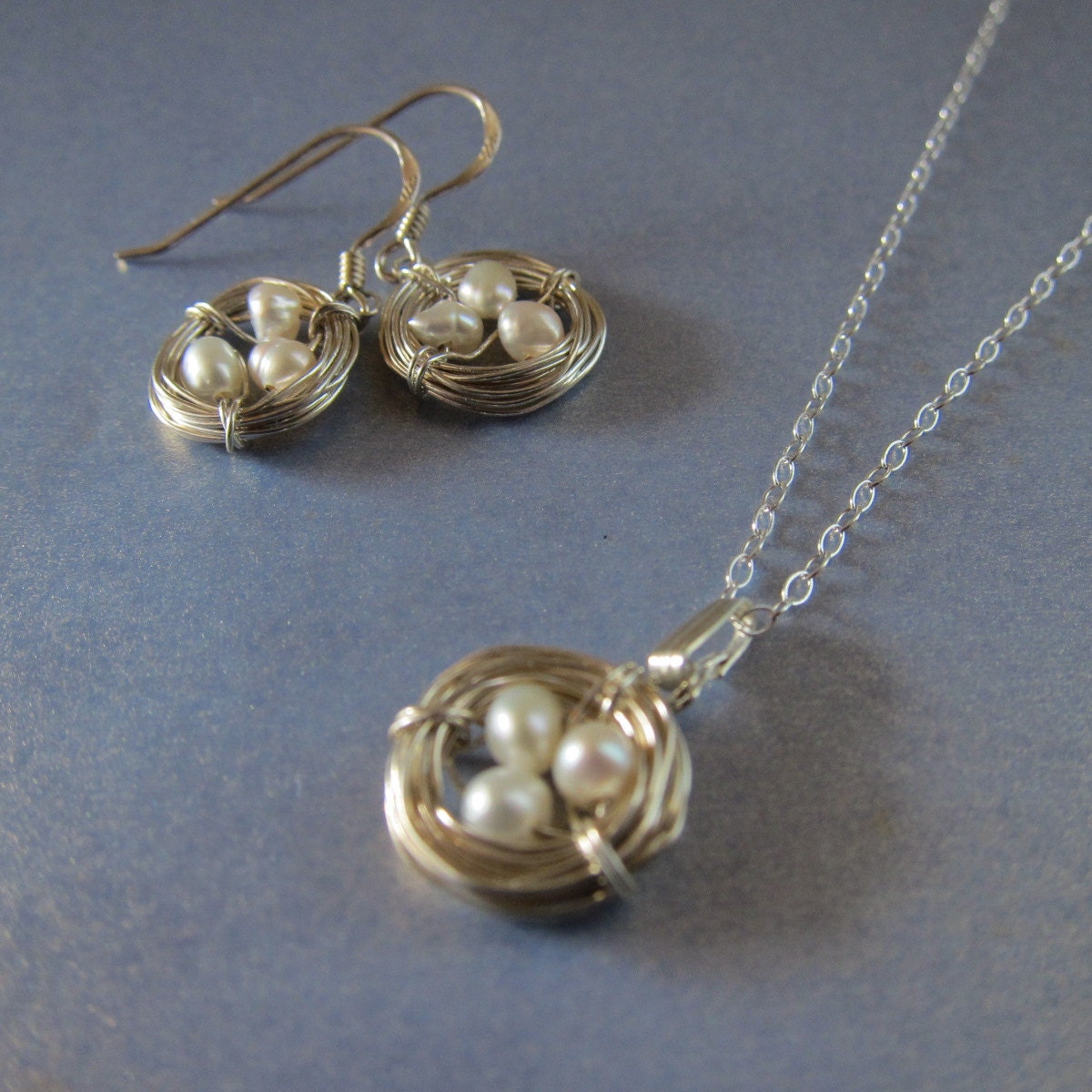 Birds Nest Sterling Silver Necklace and Earring Set, Sterling wire wrapping with Mini fresh water pearls in center, penny size