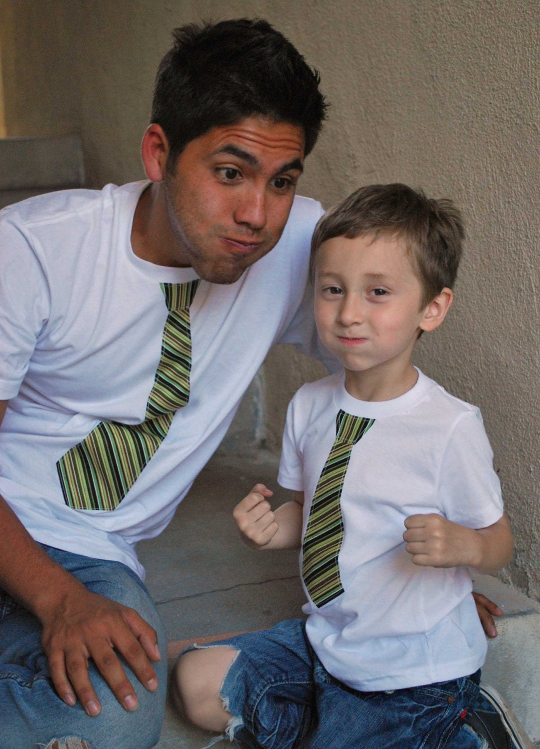 FATHER and SON...................Short Sleeves  fine jersey WHITE T shirt with BLACK and GREEN Stripes NECK Tie applique.............ADORABLE GIFT for a NEW DADDY