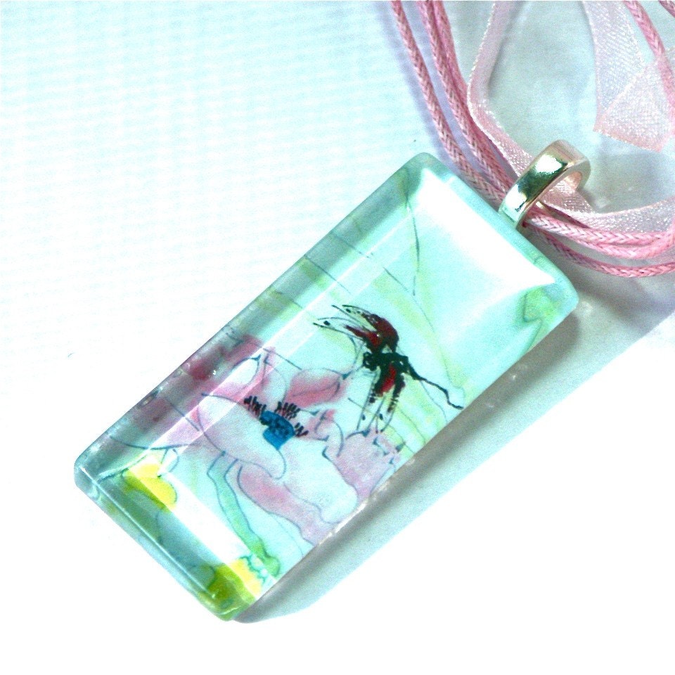 Pendant Image of Japanese Red Dragonfly On Pink Lotus Blossom Painting