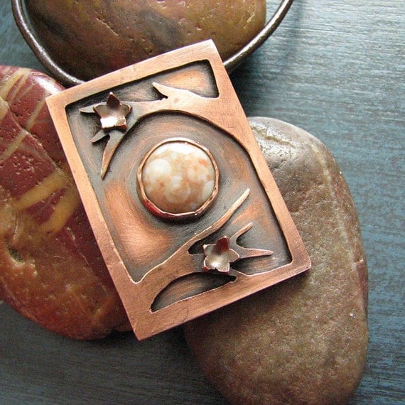 Flowering Branches Copper Pendant with Ocean Jasper on Leather Cord
