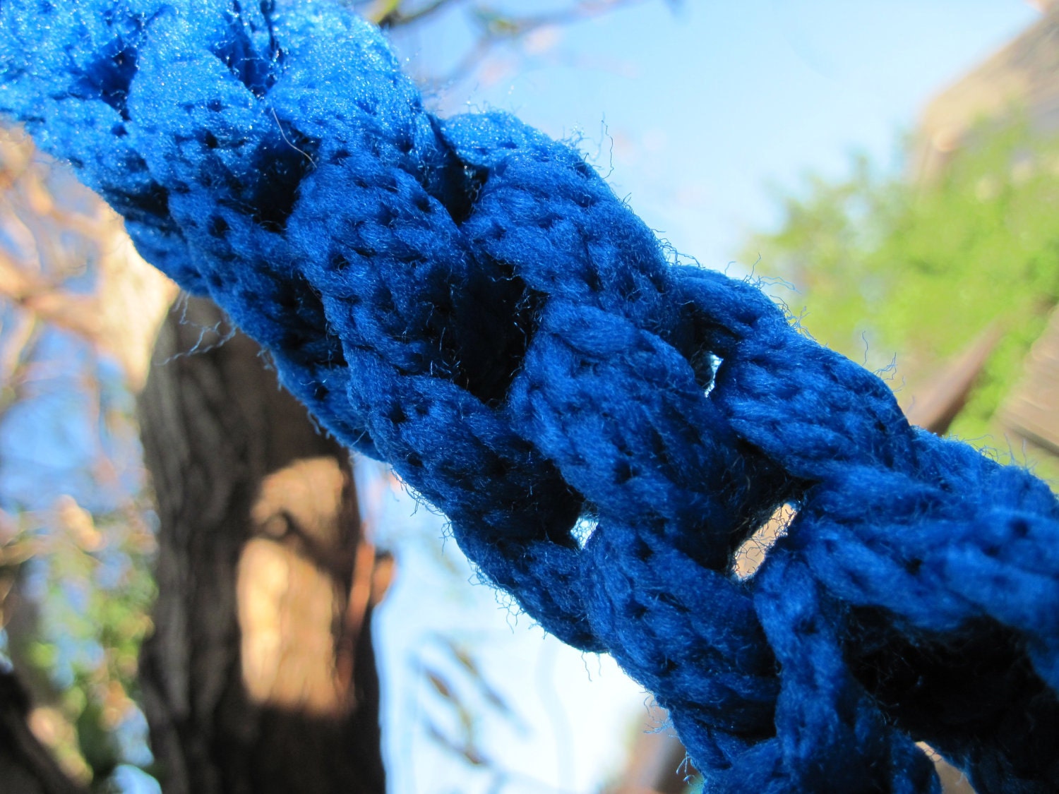 Macrame 1970s Handmade Double Basket Vintage Royal Blue Hanging Weave Braid Cord Memorial Day