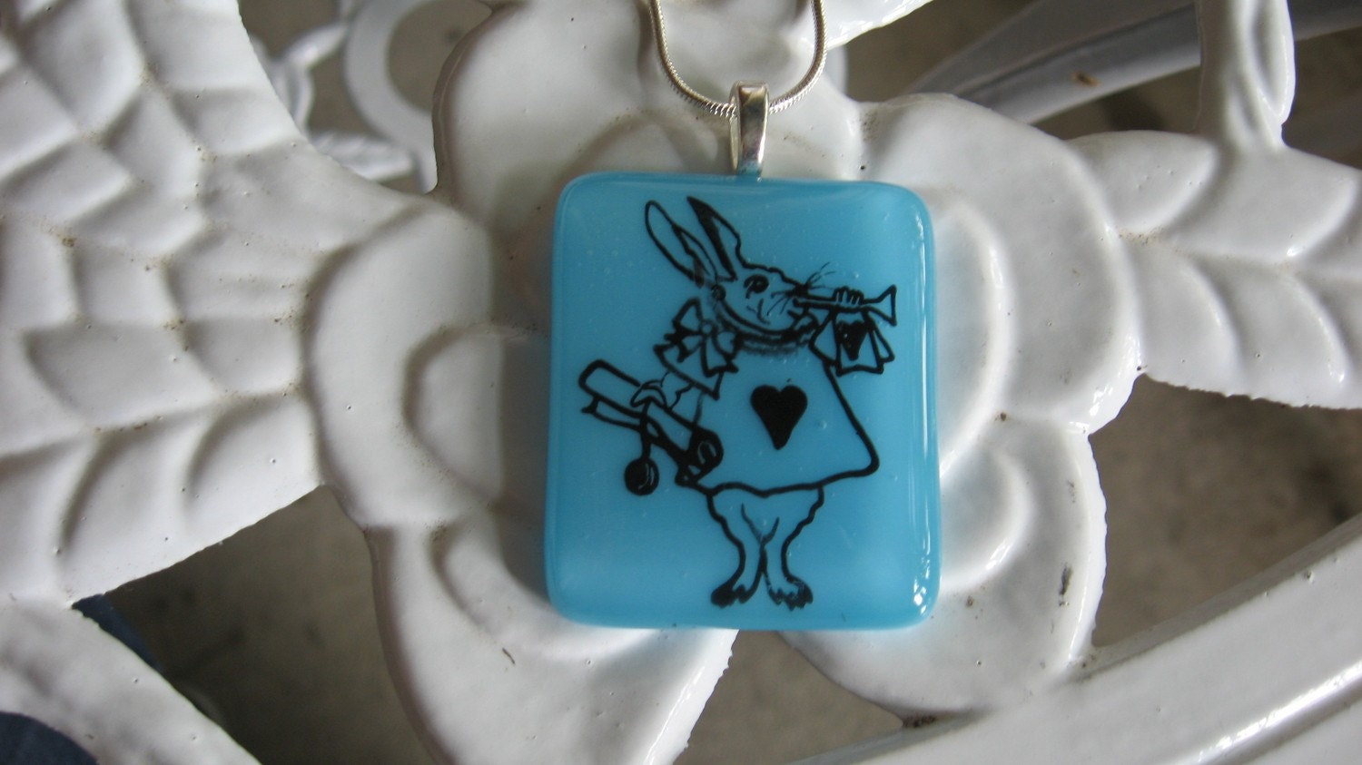 WBN Turquoise Running Rabbit Stained Glass Fused Glass Necklace