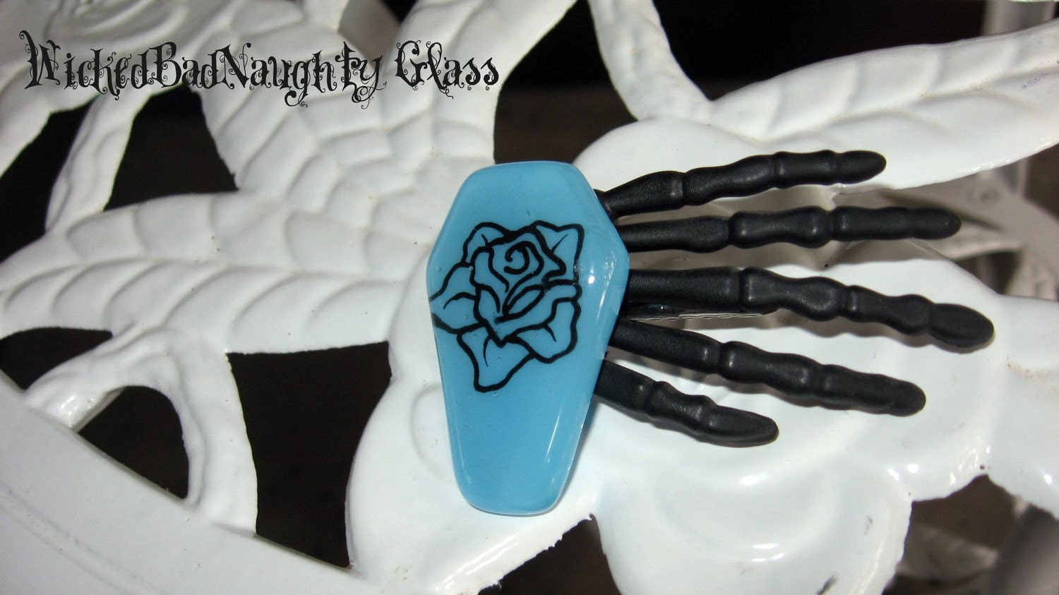WBN Turquoise Rose Glass or Death Hair Clip