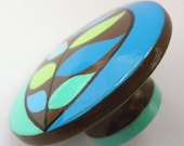 Hand Painted Knob Cool Aqua and Cocoa Brown Leaf Knobnet