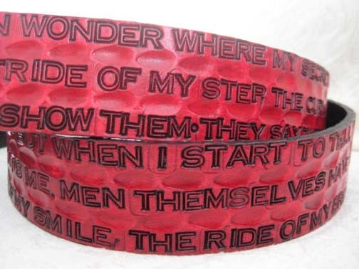 Personalized Unisex Anniversary Gift  Love Letter Tooled Leather Belt with  70 words / letters band lyrics, poems anything