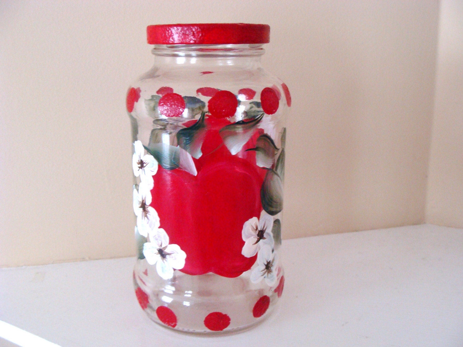 Hand Painted Upcycled Apple and Blossom Jar