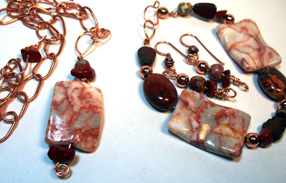 Red Marble and Brown Jasper Wire Wrapped Pendant on Copper Chain