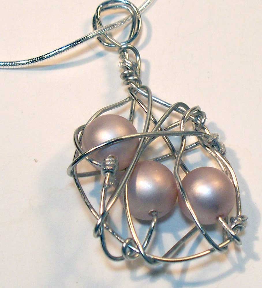 Vintage Beige Pearl Wire Wrapped Orbit Necklace - Sterling Silver