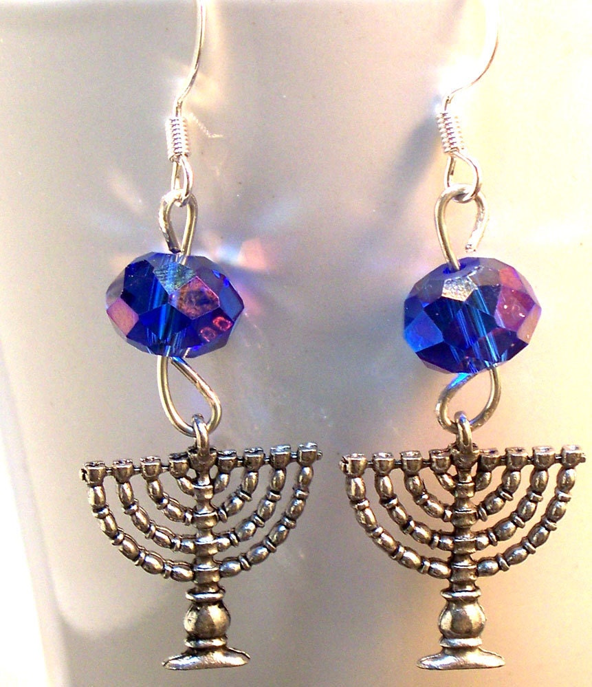 Jewish  Menorah Earrings Hanukkah Blue Czech Glass Earrings