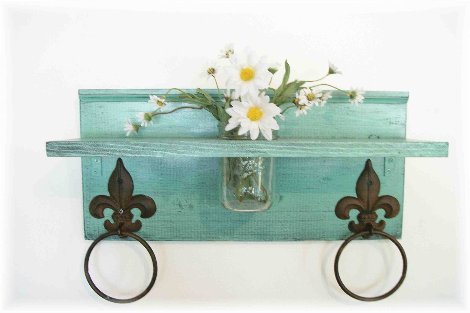 Mint Green Bathroom or  Kitchen Fleur de Lis Towel Rings Shelf with Mason Jar