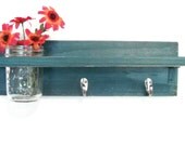 Wood Primitive Country Dark Emerald Green 2 Coat Hooks Cottage Wall Shelf