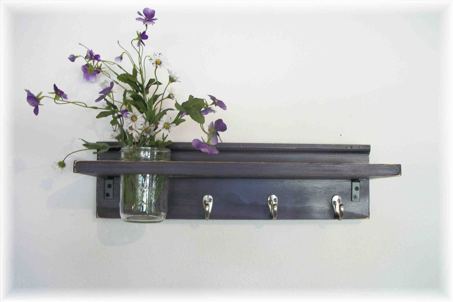 Primitive Country Deep  Grape Purple Wood Shabby Chic Coat Hooks Cottage Wall Shelf